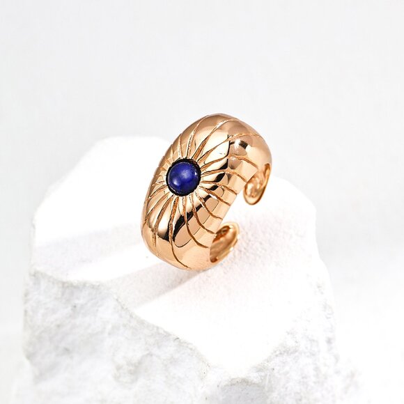 Handmade Jewelry - ☀️ Artisan Original Design Carved Sunburst Lapis Lazuli Dome Ring